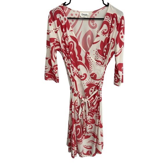 Trixie Red White Faux Wrap Dress Abstract Print 3/4 Sleeve Size L Made In USA - Picture 1 of 9